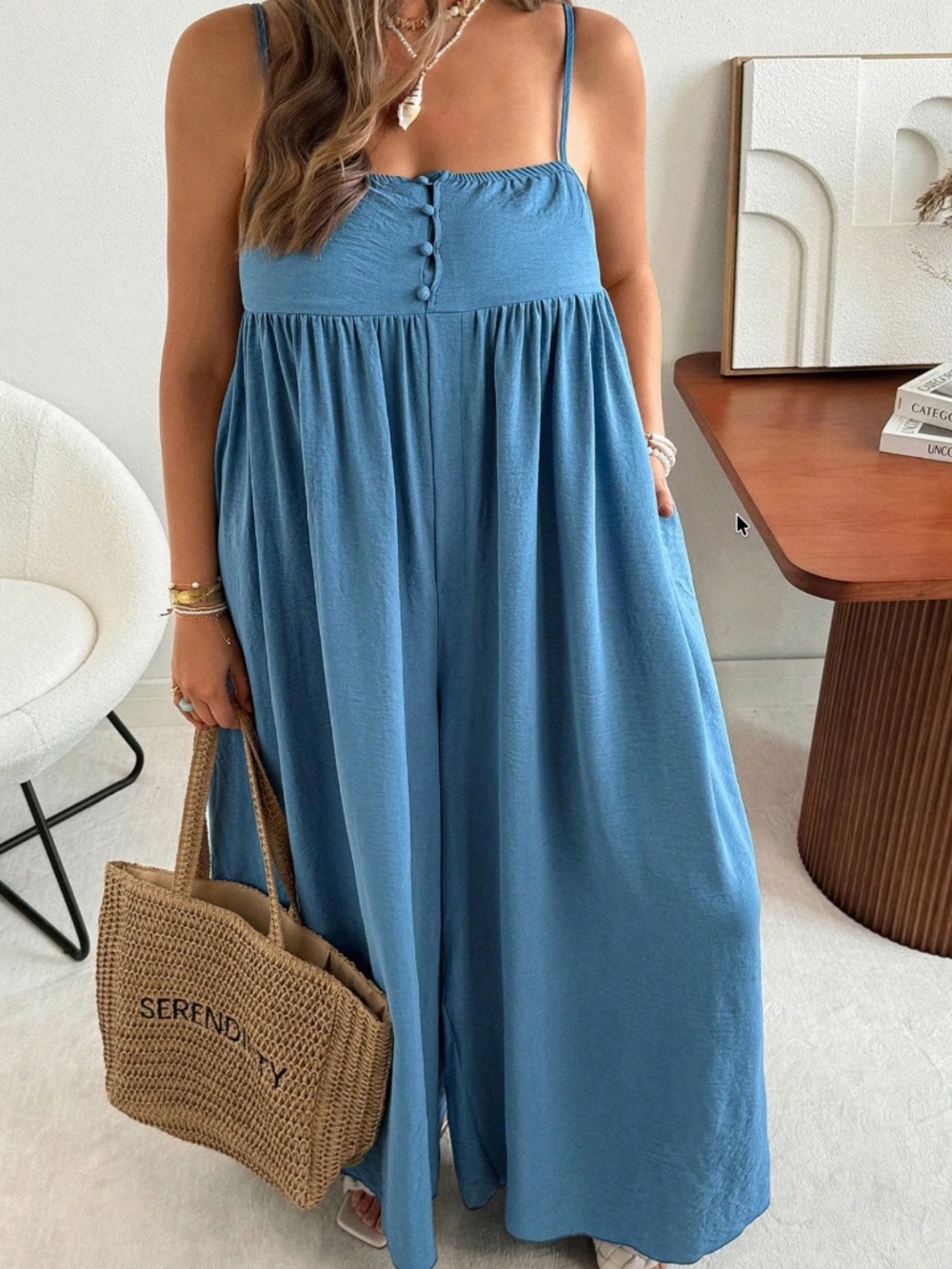 Plus Solid Button Flowy High Waisted Wide leg Jumper Jumpsuit - Picture 7 of 12